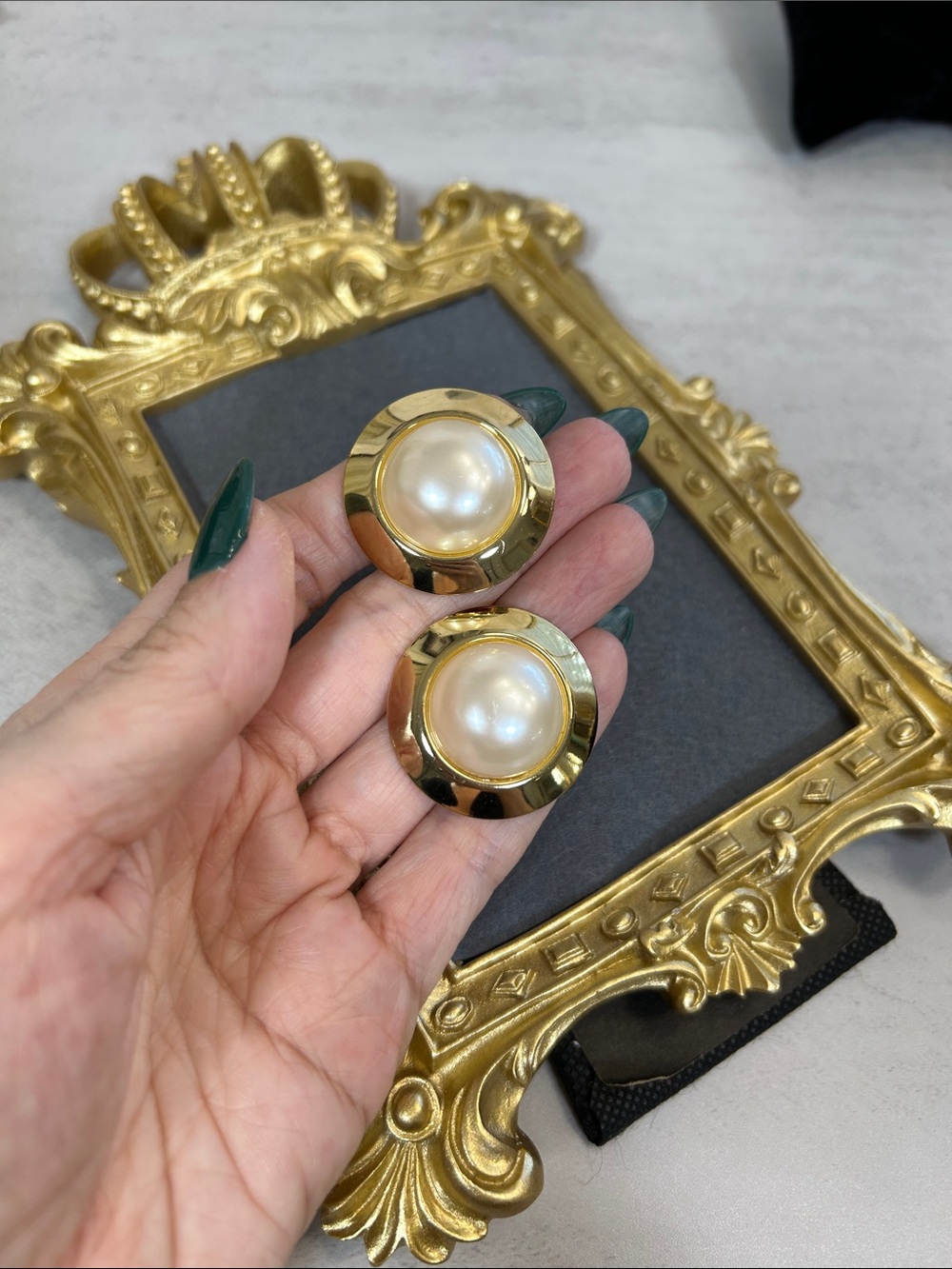 Classic Gold-Plated Faux Pearl Button Earrings - Gold - Picture 3 of 5